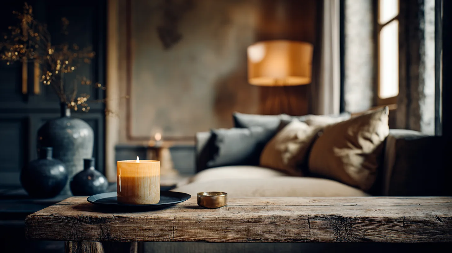 Detailaufnahme einer flackernden Kerze auf einem rustikalen Holzregal, im weichgezeichneten Hintergrund ein gemütliches Sofa aus Leinen und eine sanfte Stehlampe in einem abendlichen Wohnzimmer - mit KI visualisiert.