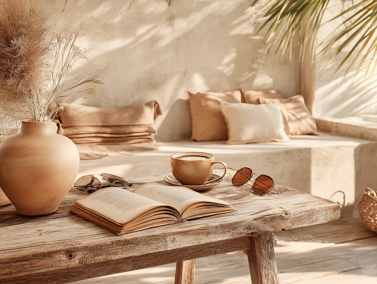 Aufgeschlagenes Buch und eine Keramiktasse Kaffee auf einem rustikalen Holztisch, auf dem Balkon, im Sommerlicht – Offline Morgenroutine – mit KI visualisiert
