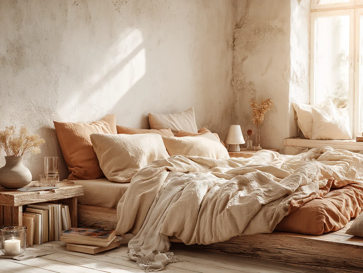 Ruhiges Schlafzimmer mit ungebügelter Leinenbettwäsche und Büchern auf dem Nachttisch – Bildschirmfreie Zone – mit KI visualisiert