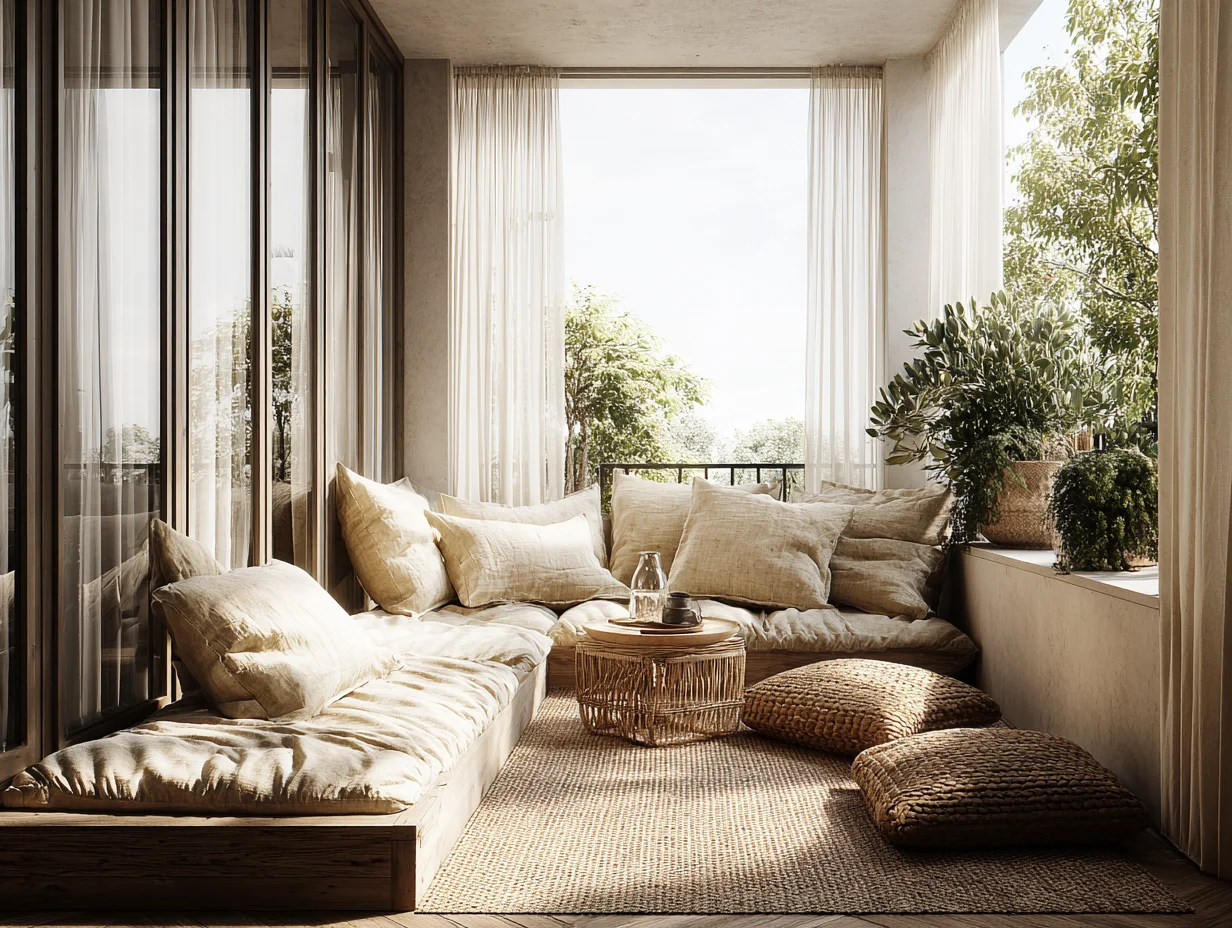 Schmaler Balkon als Lounge eingerichtet mit dicken Bodenkissen auf einem Jute-Teppich und Leinenvorhängen an den Seiten — Barefoot Luxury - mit KI visualisiert Schmaler Balkon als Lounge eingerichtet mit dicken Bodenkissen auf einem Jute-Teppich und Leinenvorhängen an den Seiten — Barefoot Luxury - mit KI visualisiert