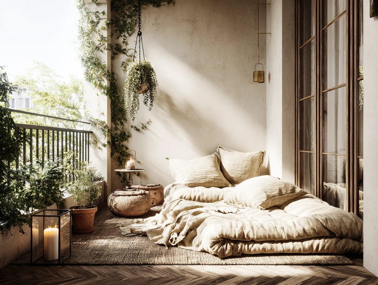 Sehr kleiner Stadtbalkon mit Outdoor-Teppich, zwei Bodenkissen aus Leinen, hängenden Pflanzen und einer Bodenlaterne — Barefoot Luxury auf 3 Quadratmetern - mit KI visualisiert Sehr kleiner Stadtbalkon mit Outdoor-Teppich, zwei Bodenkissen aus Leinen, hängenden Pflanzen und einer Bodenlaterne — Barefoot Luxury auf 3 Quadratmetern - mit KI visualisiert
