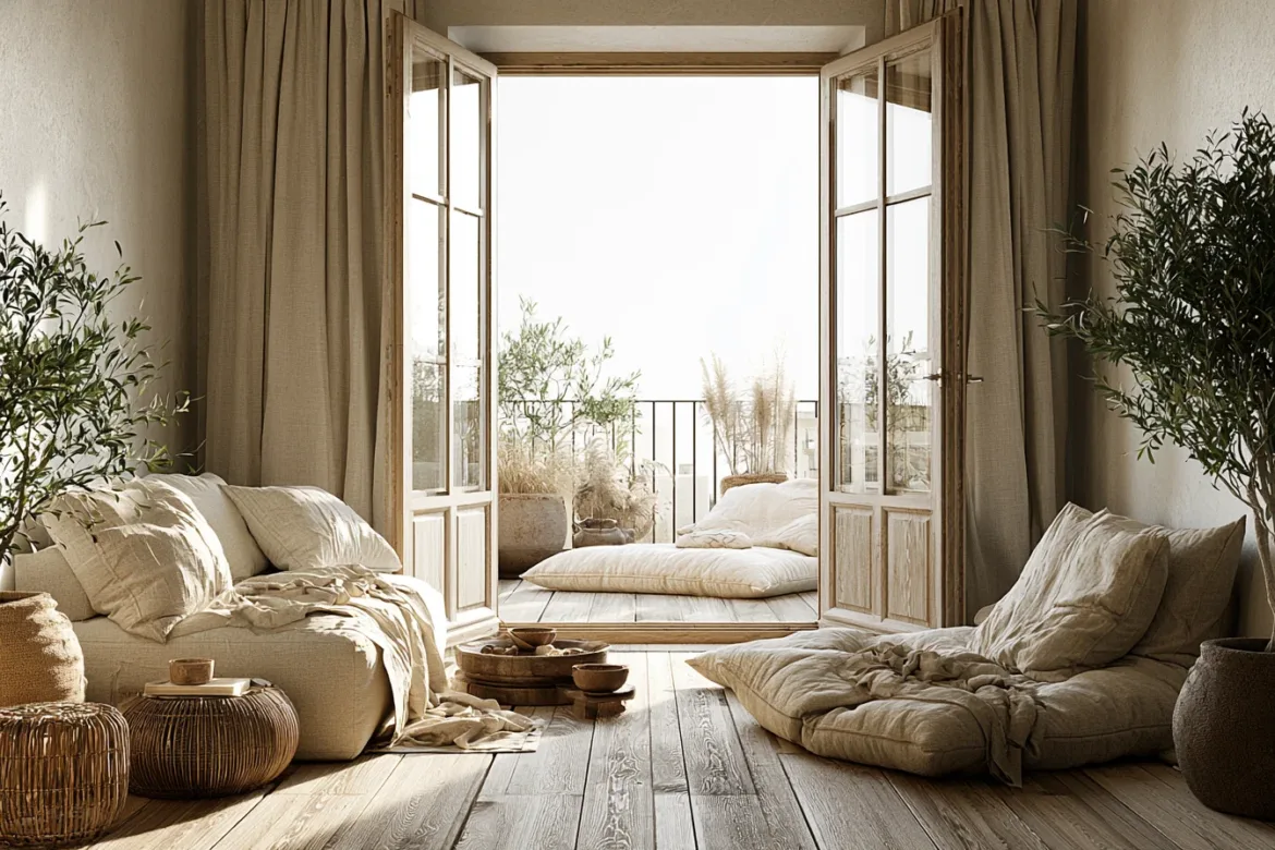 Blick durch eine geöffnete Balkontür vom kleinen Wohnzimmer auf einen schmalen Balkon, ausgestattet mit weichen Leinenstoffen — Indoor-Outdoor-Wohnen auf kleinem Raum - mit KI visualisiert