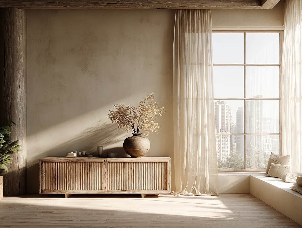 Japandi-Stil – Sideboard aus Altholz mit einzelner Keramikvase – mit KI visualisiert Japandi-Stil – Sideboard aus Altholz mit einzelner Keramikvase – mit KI visualisiert