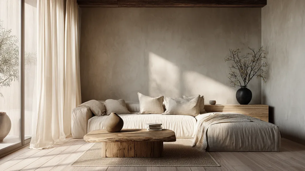 Leben in Bodennähe: Ein weiches, gemütliches Sofa und ein massiver Couchtisch aus rohem Holz verschieben die Proportionen und lassen den gesamten Raum luftiger wirken - mit KI visualisiert.