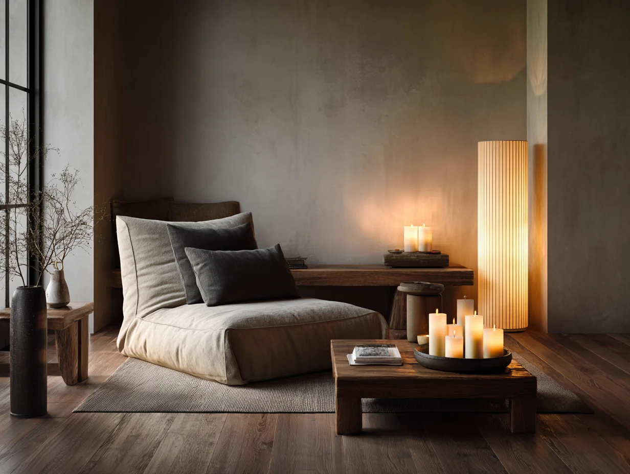 Japandi-Stil – Wohnzimmer am Abend mit Stehlampe und Kerzenlicht – mit KI visualisiert Japandi-Stil – Wohnzimmer am Abend mit Stehlampe und Kerzenlicht – mit KI visualisiert