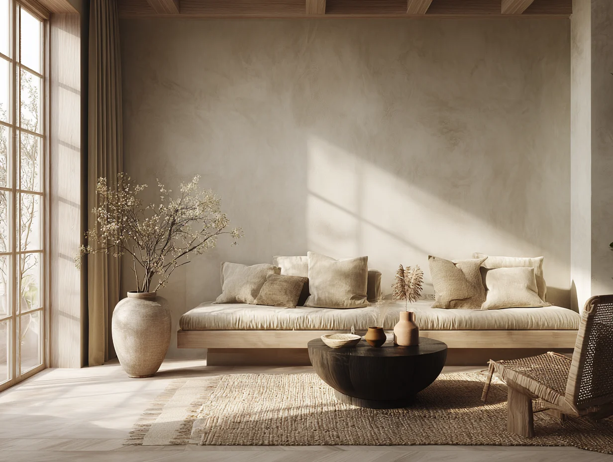 Japandi-Stil – Materialmix aus hellem und dunklem Holz mit Keramik – mit KI visualisiert Japandi-Stil – Materialmix aus hellem und dunklem Holz mit Keramik – mit KI visualisiert