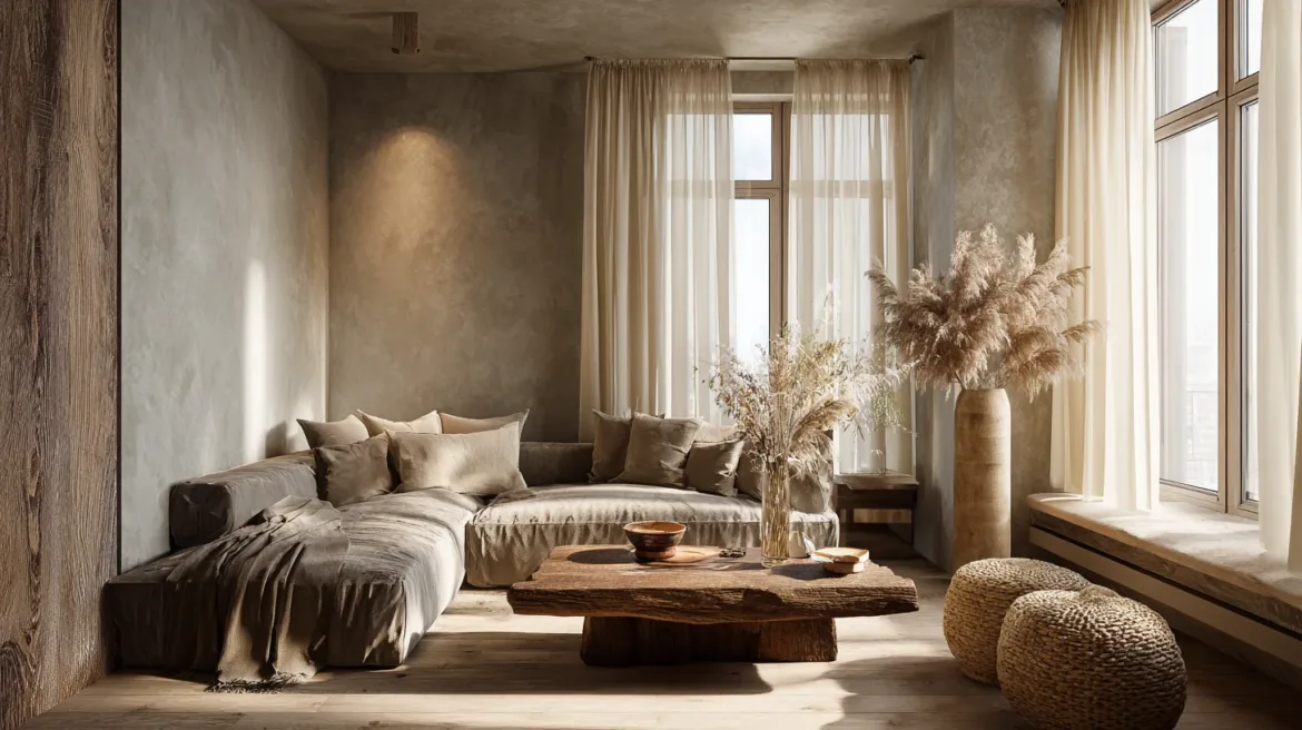Retreat Wohnen - Gemütlicher Wohnbereich im "Retreat"-Stil mit einem L-förmigen Sofa in Leinen, einem rustikalen Holztisch, geflochtenen Hockern und Pampasgras vor großen Fenstern – mit KI visualisiert.