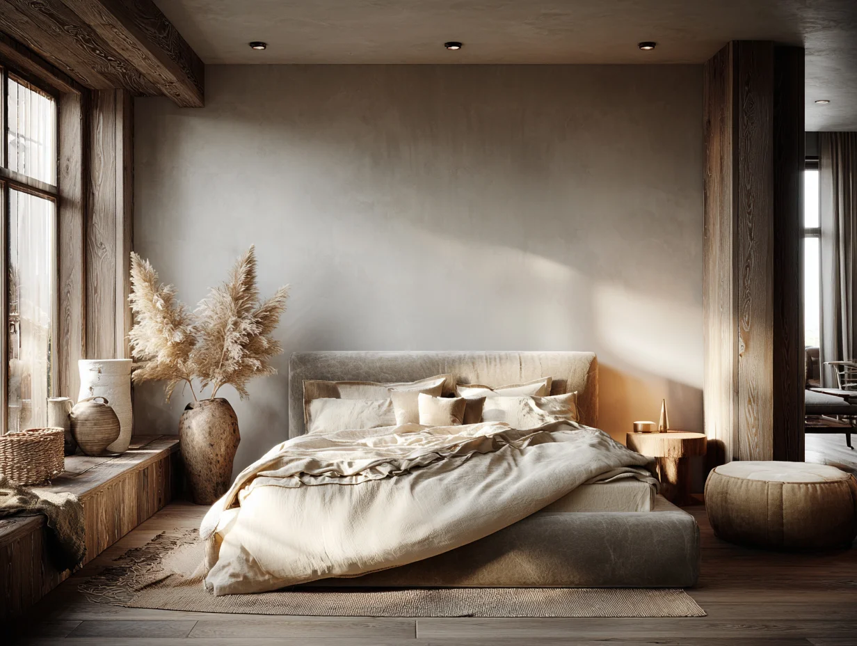 Schlafzimmer im "Retreat"-Design mit einem weichen, cremefarbenen Bett, rustikalem Holz am Fenster, einem Hocker aus Leder und Pampasgras in Tontöpfen – mit KI visualisiert.