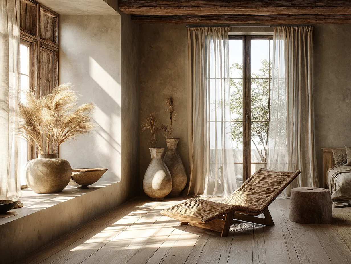 Ein ruhiges Interieur eines "Retreat"-Hauses mit einem geflochtenen Liegestuhl im Sonnenlicht, einer großen Fensterbank mit Pampasgras in Tontöpfen und Deckenbalken aus Holz – mit KI visualisiert.
