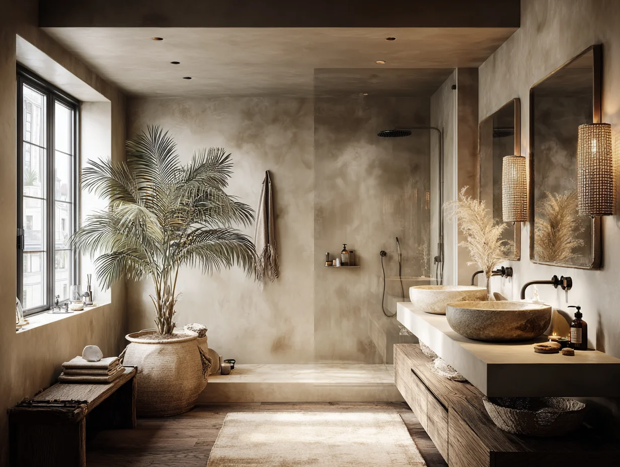 Spa-Badezimmer im "Retreat"-Design mit erdfarbenen Wänden, bodengleicher Glasdusche, zwei Natursteinwaschbecken auf einem rustikalen Holzunterschrank und einer großen Palme in einem Korb neben dem Fenster – mit KI visualisiert.