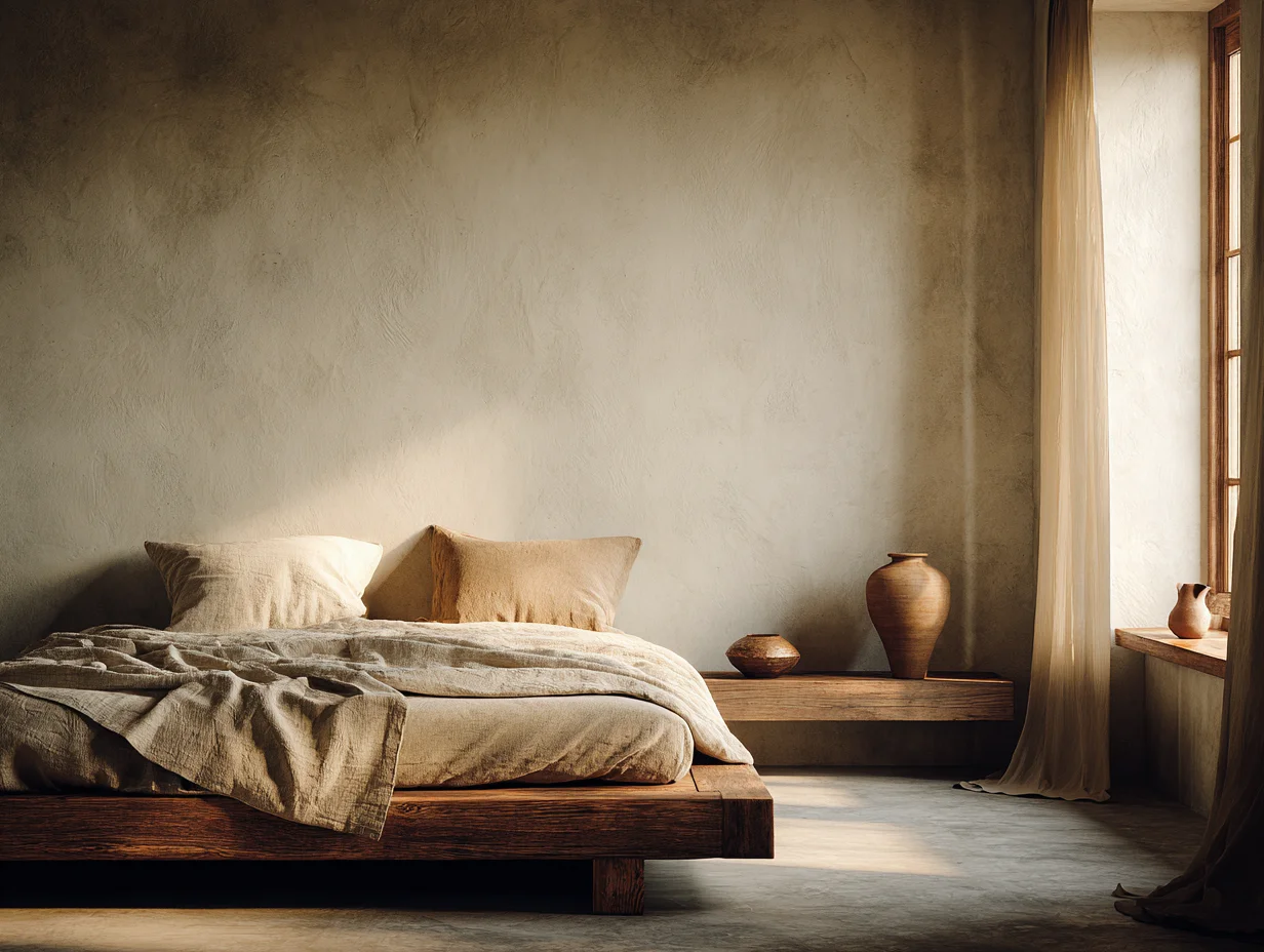 Schlafzimmer mit Alabaster-Wänden, hellem Holz und einem Kissen in Terrakotta — 60-30-10 Regel anwenden - mit KI visualisiert Schlafzimmer mit Alabaster-Wänden, hellem Holz und einem Kissen in Terrakotta — 60-30-10 Regel anwenden - mit KI visualisiert