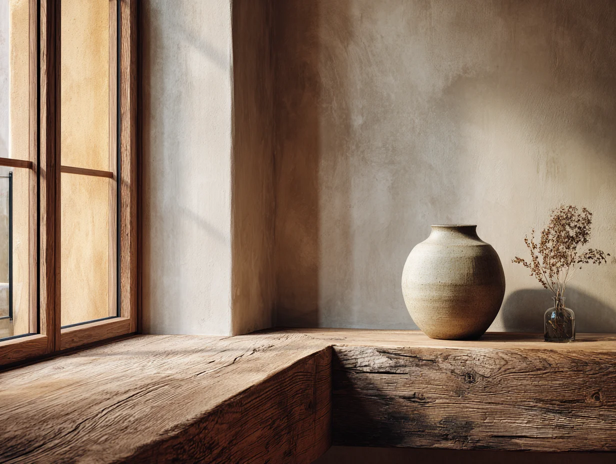 Fensterrahmen und Wand im exakt gleichen warmen Greige-Ton gestrichen — Colour Drenching und matte Oberflächen - mit KI visualisiert Fensterrahmen und Wand im exakt gleichen warmen Greige-Ton gestrichen — Colour Drenching und matte Oberflächen - mit KI visualisiert