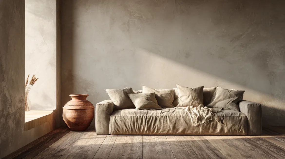 Wohnzimmer in warmem Greige mit Leinensofa und Terrakotta-Topf — ruhige Wandfarben - mit KI visualisiert