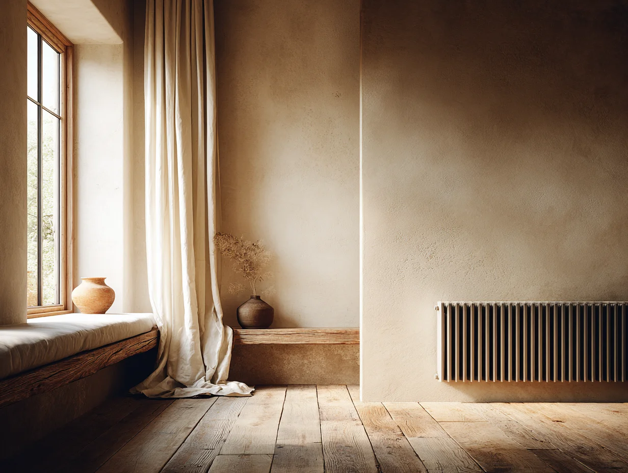 Heizkörper im exakt gleichen matten Farbton wie die Wand dahinter gestrichen — harmonische Wandfarben - mit KI visualisiert Heizkörper im exakt gleichen matten Farbton wie die Wand dahinter gestrichen — harmonische Wandfarben - mit KI visualisiert