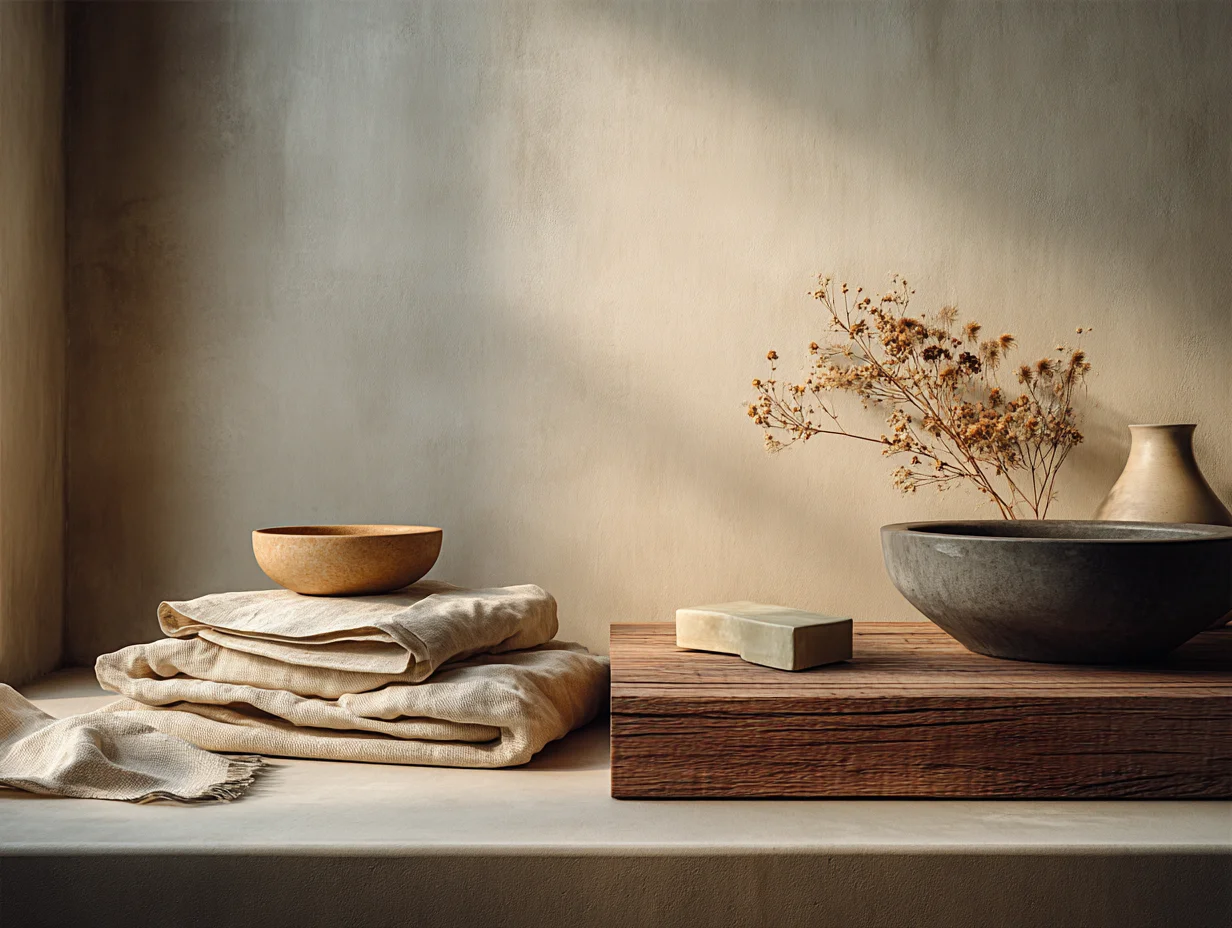 Moodboard mit Naturmaterialien in den Farben Alabaster, sanftes Braun, Eukalyptusgrün und gedämpftes Terrakotta — die harmonische Bohomy Farbpalette - mit KI visualisiert Moodboard mit Naturmaterialien in den Farben Alabaster, sanftes Braun, Eukalyptusgrün und gedämpftes Terrakotta — die harmonische Bohomy Farbpalette - mit KI visualisiert