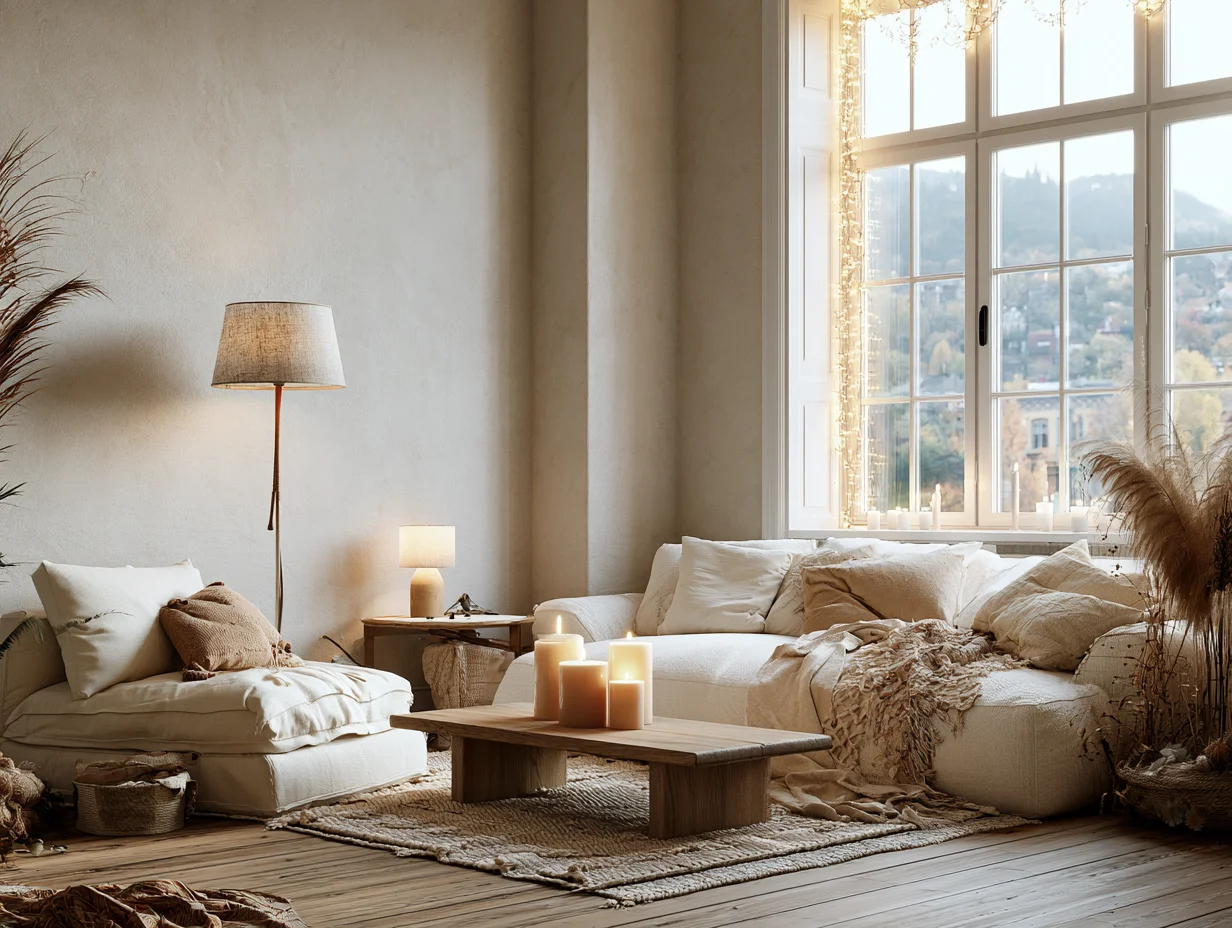 Scandi-Stil – mehrere warme Lichtquellen in unterschiedlichen Höhen am Abend – mit KI visualisiert Scandi-Stil – mehrere warme Lichtquellen in unterschiedlichen Höhen am Abend – mit KI visualisiert