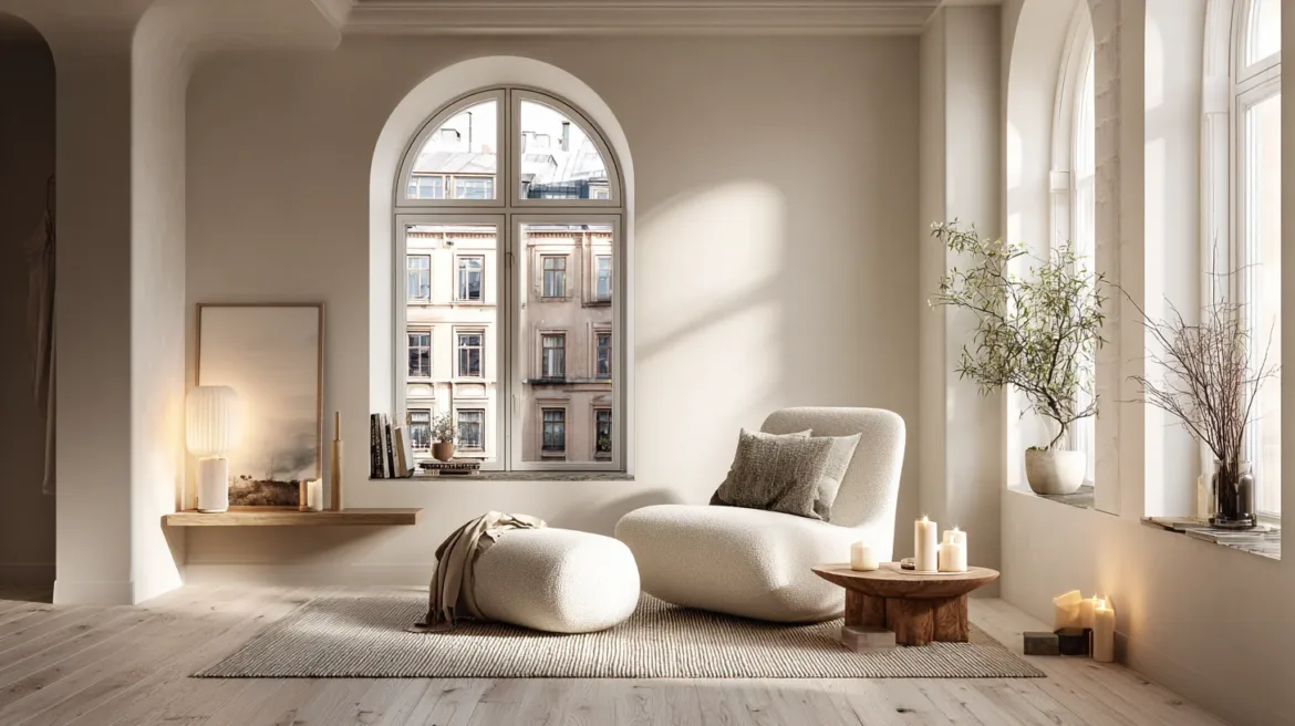 Scandi-Stil – helles Wohnzimmer mit mehreren warmen Lichtquellen ohne Deckenlicht – mit KI visualisiert