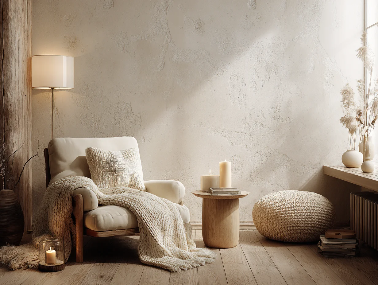 Scandi-Stil – ruhige Leseecke mit Kerze und Wolldecke – mit KI visualisiert Scandi-Stil – ruhige Leseecke mit Kerze und Wolldecke – mit KI visualisiert