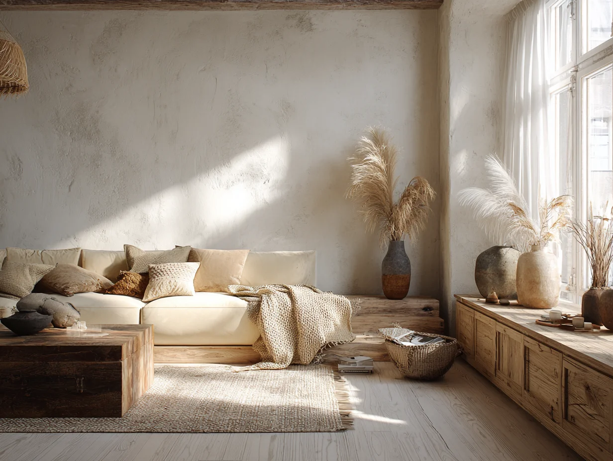 Scandi-Stil – helles Holz, Wolle und Keramik im Materialdetail – mit KI visualisiert Scandi-Stil – helles Holz, Wolle und Keramik im Materialdetail – mit KI visualisiert